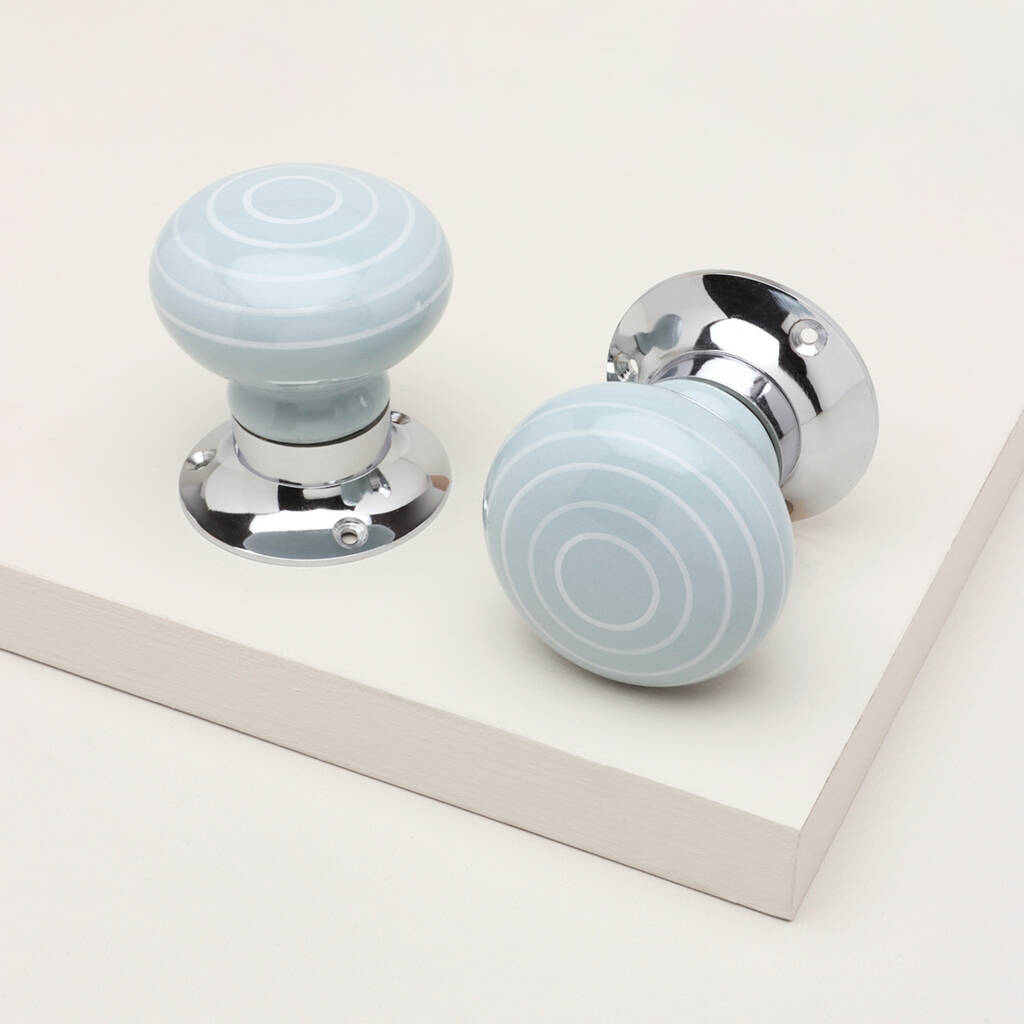 White Striped On Grey Mortice Door Knobs Set, 1 of 5