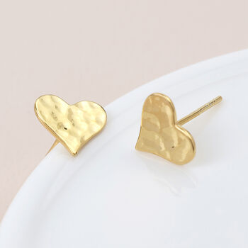 Gold Plated Sterling Silver Hammered Heart Stud Earrings – 8mm, 2 of 4