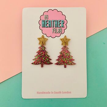 Red And Green Glitter Christmas Tree With Gold Star Topper Earrings, 5 of 5