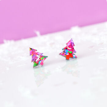 Pink Rainbow Confetti Christmas Tree Stud Earrings, 2 of 2