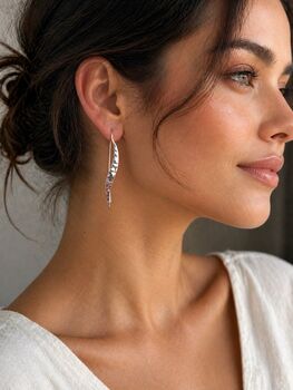 Sterling Silver Hammered Long Wave Drop Earrings, 3 of 10