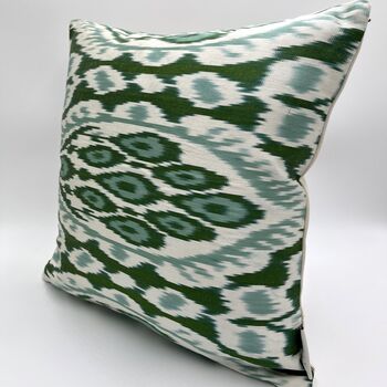 Square Ikat Silk Cushion Forest Green Abstract, 7 of 9