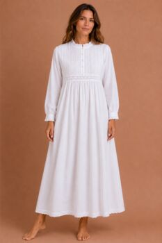 White Cotton Nightdress Polo Long Sleeve Broderie Anglaise Vintage Victorian Nightgown, 12 of 12
