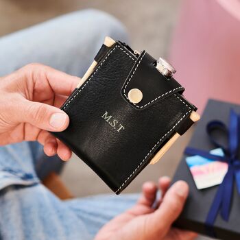 Personalised Leather Hip Flask With Wooden Golf Tees And Embossed Initials, 2 of 4