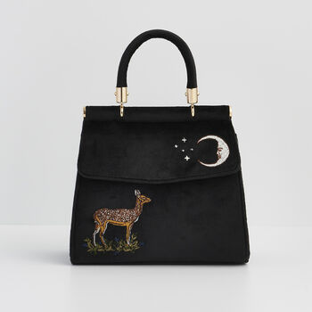 Deer And Moon Embroidered Black Velvet Tote, 3 of 8