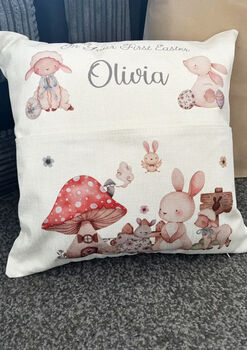 Personalised Kids Easter Pocket Cushion, Easter Reading Pillow, 2 of 4