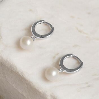 Sterling Silver Round Pearl Huggie Hoop Earrings, 3 of 7