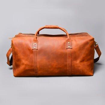 Genuine Leather Holdall Luggage Worn Look Light Brown, 7 of 9