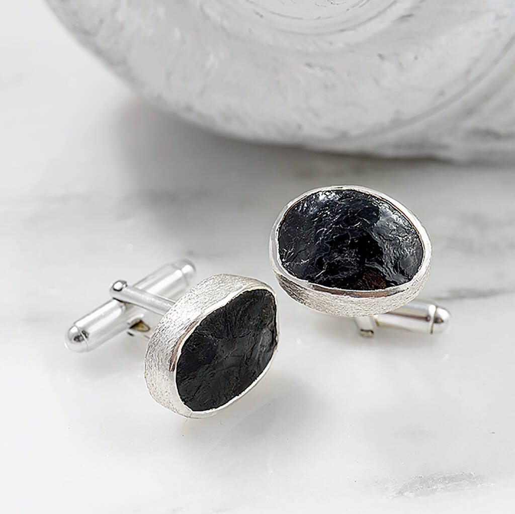 Image of Black Tourmaline Gemstone Handmade Silver Cufflinks, Silver