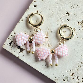 18ct Gold Plated Beaded Bow Huggie Hoop Earrings, 6 of 7