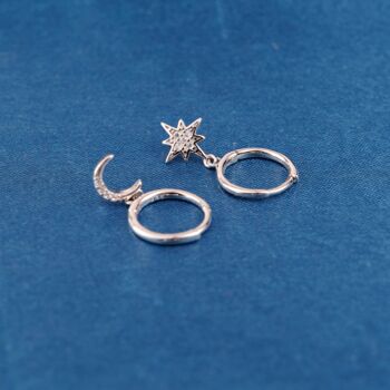 925 Sterling Silver Moon And Star Mismatched Hoop Earrings, 5 of 7