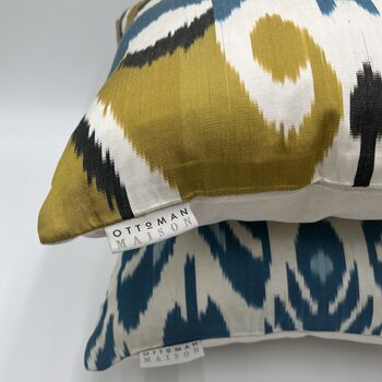 Square Ikat Silk Cushion Ochre And Blue Heart, 8 of 11