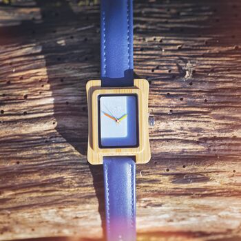Coral Blue Face Bamboo Watch With Leather Strap, 7 of 7