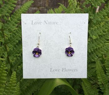 Pansy Purple Flower Drop Earrings, 2 of 4