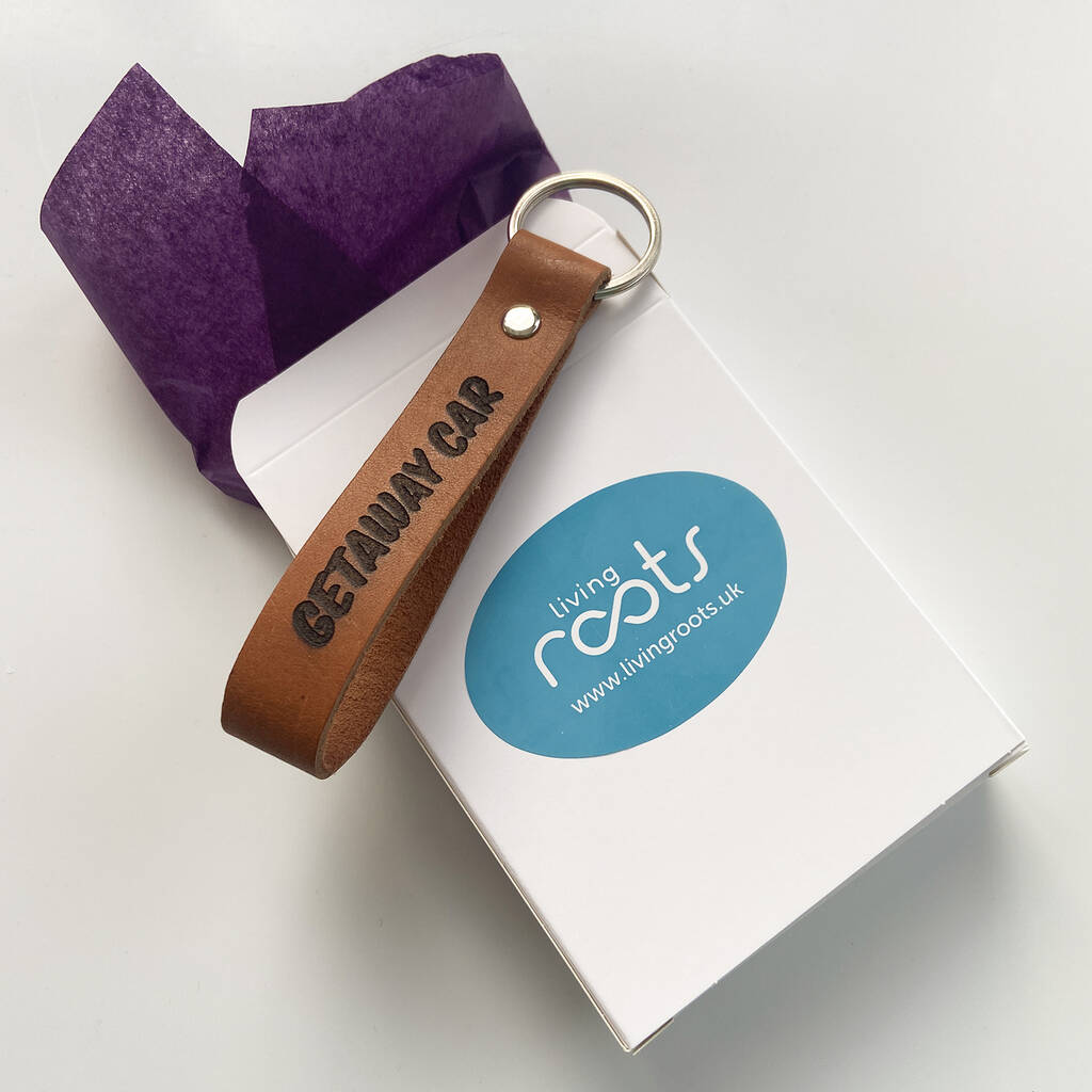 Personalised Leather Keyring, Drive Safe Keychain By Living Roots