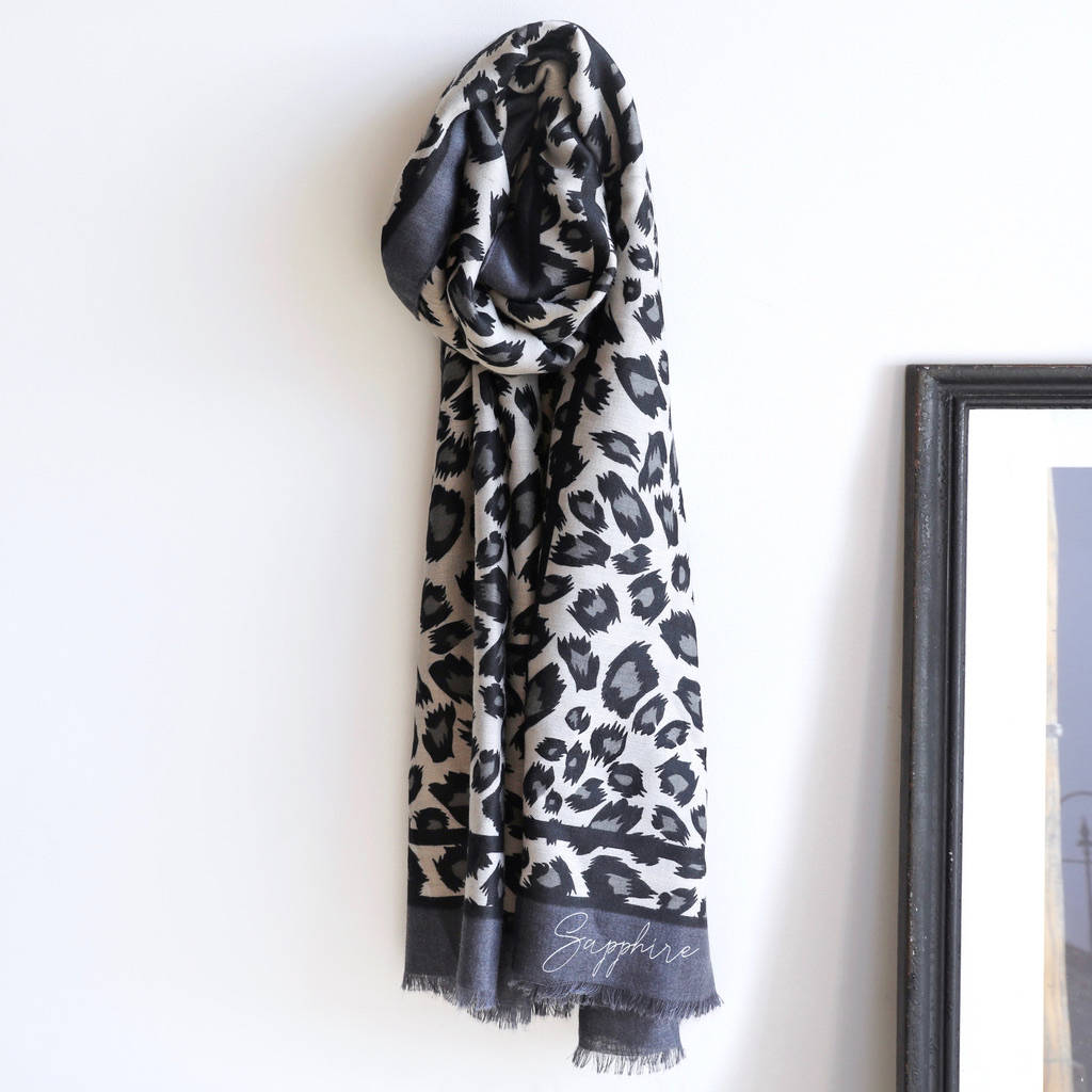 Personalised Lightweight Grey Leopard Print Scarf By Lisa Angel