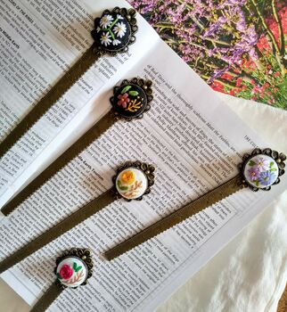 Hand Embroidered Flower On Metal Bookmark, 4 of 12