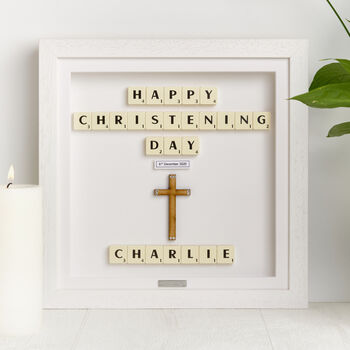 Personalised Wooden Cross Christening Keepsake Frame With Scrabble, 3 of 9