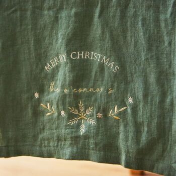 Personalised Sage Green Snowflake Linen Table Runner, 2 of 3