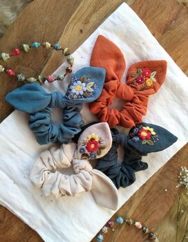 Bunny Bow Scrunchies With Embroidered Flower, 10 of 11