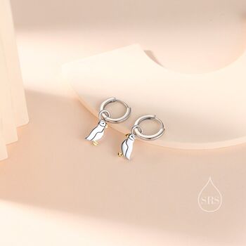 Sterling Silver Puffin Bird Dangle Hoops Earrings, 6 of 10