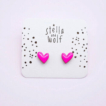 Neon Pink Wonky Wooden Heart Stud Earrings, 3 of 5