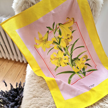 Yellow/Pink Botanical Lily Print Tea Towel, 3 of 9