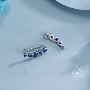 Sterling Silver Sapphire Blue Droplet Cz Cluster Crawler Earrings, 4 of 12