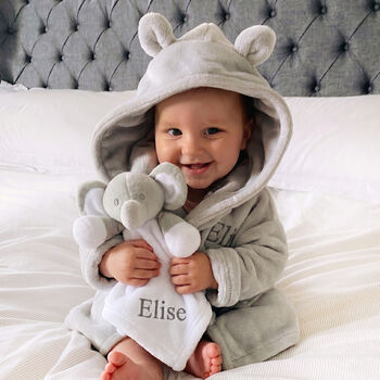 Personalised Grey Baby Gown And White Elephant Comforter Set, 2 of 11