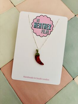 Red Chilli Pepper Charm Necklace Stay Spicy Gift Red Glitter Foodie Jewellery / Spicy Food Lover Necklace, 5 of 5