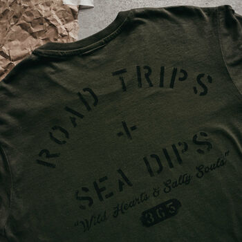 Womens 'Road Trips + Sea Dips' Olive Long Sleeve Top, 4 of 8