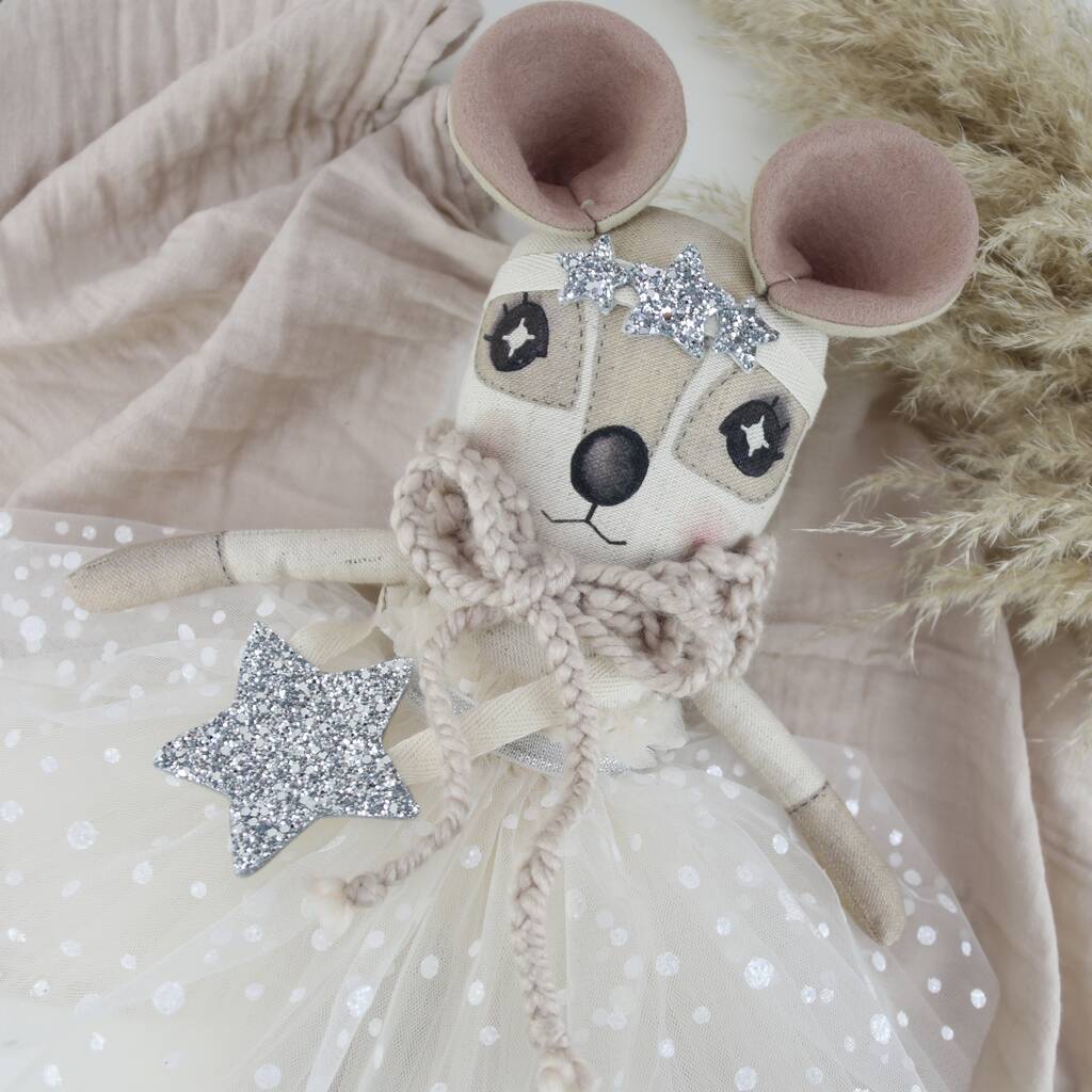 Handmade Heirloom Linen Dormouse Doll Silver Glitter By Thicket & Thimble