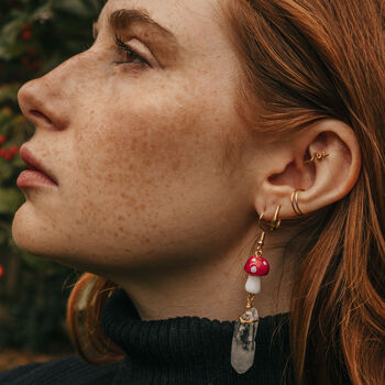 Gold Plate Red Mushroom And Raw Quartz Earrings, 2 of 5