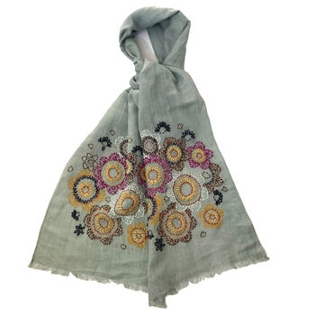 Hand Embroidered 100% Linen Scarf In Grey Floral, 2 of 7