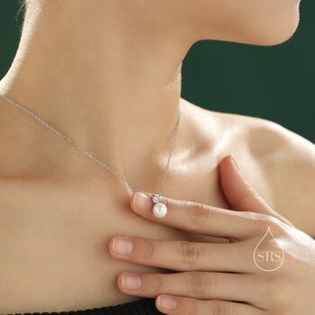 Natural Pearl And Cz Bezel Necklace In Sterling Silver, 5 of 10
