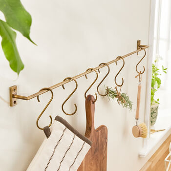 Antique Brass Wall Rail With Hooks, 6 of 8