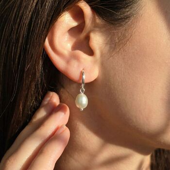 Minimalist Freshwater Pearl Silver Huggie Hoop Earrings, 2 of 5