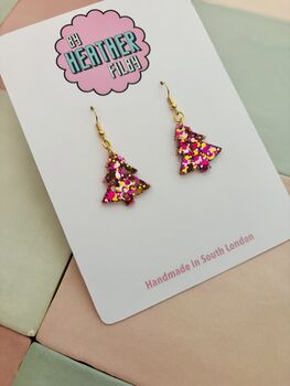 Pink And Gold Christmas Tree Glitter Resin Earrings / Pink Christmas Jewellery / Christmas Gift / Bold Sparkly Pink Holiday Accessory, 8 of 12