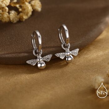 Sterling Silver Dangling Bee Hoop Earrings, 2 of 11