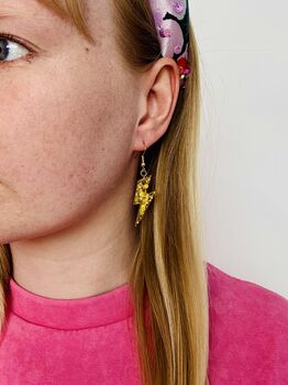 Gold Lightning Bolt Earrings Small And Large / Rock N Roll Statement / Gift Glam Rock Earrings, 9 of 9