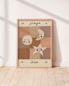 Personalised Illustrated Name Print With Moons And Stars And Patchwork, 4 of 11