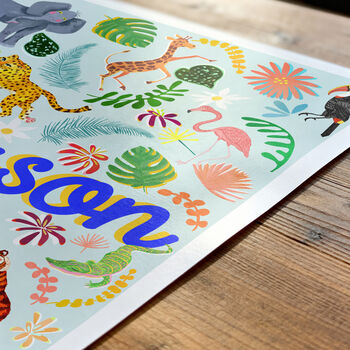 Personalised Safari Animal Name Print | Blue Jungle Nursery Decor | Baby Boy Wall Art, 4 of 7