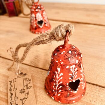 Orange Terracotta Red Hand Painted Hanging Heart Bell, 3 of 8