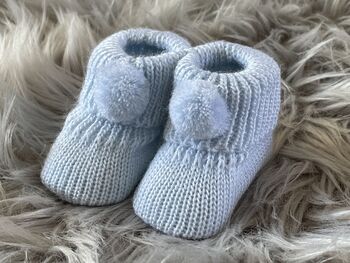 Blue Knitted Baby Booties With Pom Pom, 3 of 7