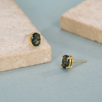 Sterling Silver Moss Agate 5x7mm Oval Stud Earrings, 7 of 12