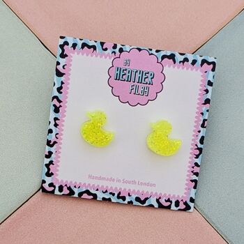 Yellow Glitter Rubber Duck Resin Stud Earrings, 2 of 4