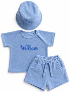 Summer Personalized 3pcs Towelling Sets Embroidered Kids Personalised T Shirt And Shorts Baby Toddler Outfit Matching Sibling Beach Outfit, 7 of 7