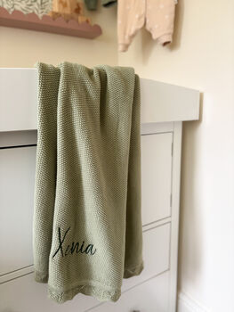 Personalised Knitted Baby Blanket Sage Green, 7 of 9