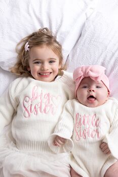 Little Sister Embroidered Ruffle Detail Knitted Baby Romper Matching Big Sister Jumper Available, 3 of 12
