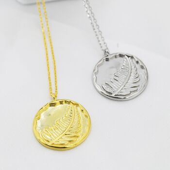 Sterling Silver Fern Leaf Round Disk Coin Pendant Necklace, 3 of 11